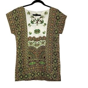 Boho Batik Print Tunic‎ Top Green Brown Cream Handmade Short Sleeve O/S (Small)